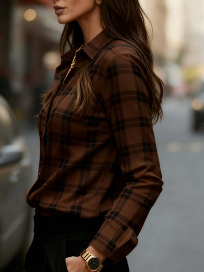 Women's Essential Red Plaid Polyester Shirt, Long Regular Sleeve, Button Detail Design, Casual Autumn Style Spring