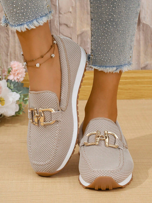Women's European Size Round Toe Slip On Loafers With Buckle Decor, Casual Outdoor Shoes, European Style 2025 Spring/Autumn Fashionable Large Size Comfort Breathable Non-Slip Soft Bottom Metal Chain De