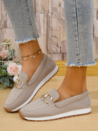 Women's European Size Round Toe Slip On Loafers With Buckle Decor, Casual Outdoor Shoes, European Style 2025 Spring/Autumn Fashionable Large Size Comfort Breathable Non-Slip Soft Bottom Metal Chain De