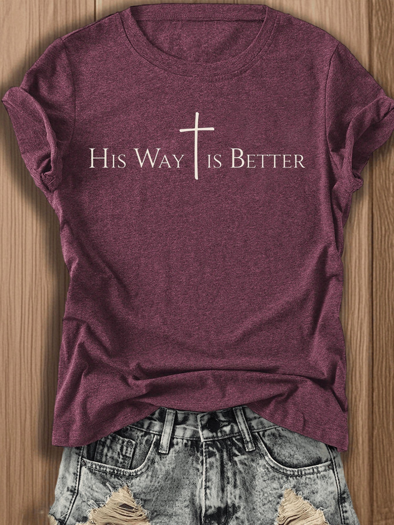 Women's Faith T-Shirt His Way Is Better Verse Tee With Cross Design Round Neck Short Sleeve Casual Church Wear Religious Apparel (Psalm 23 Inspired)