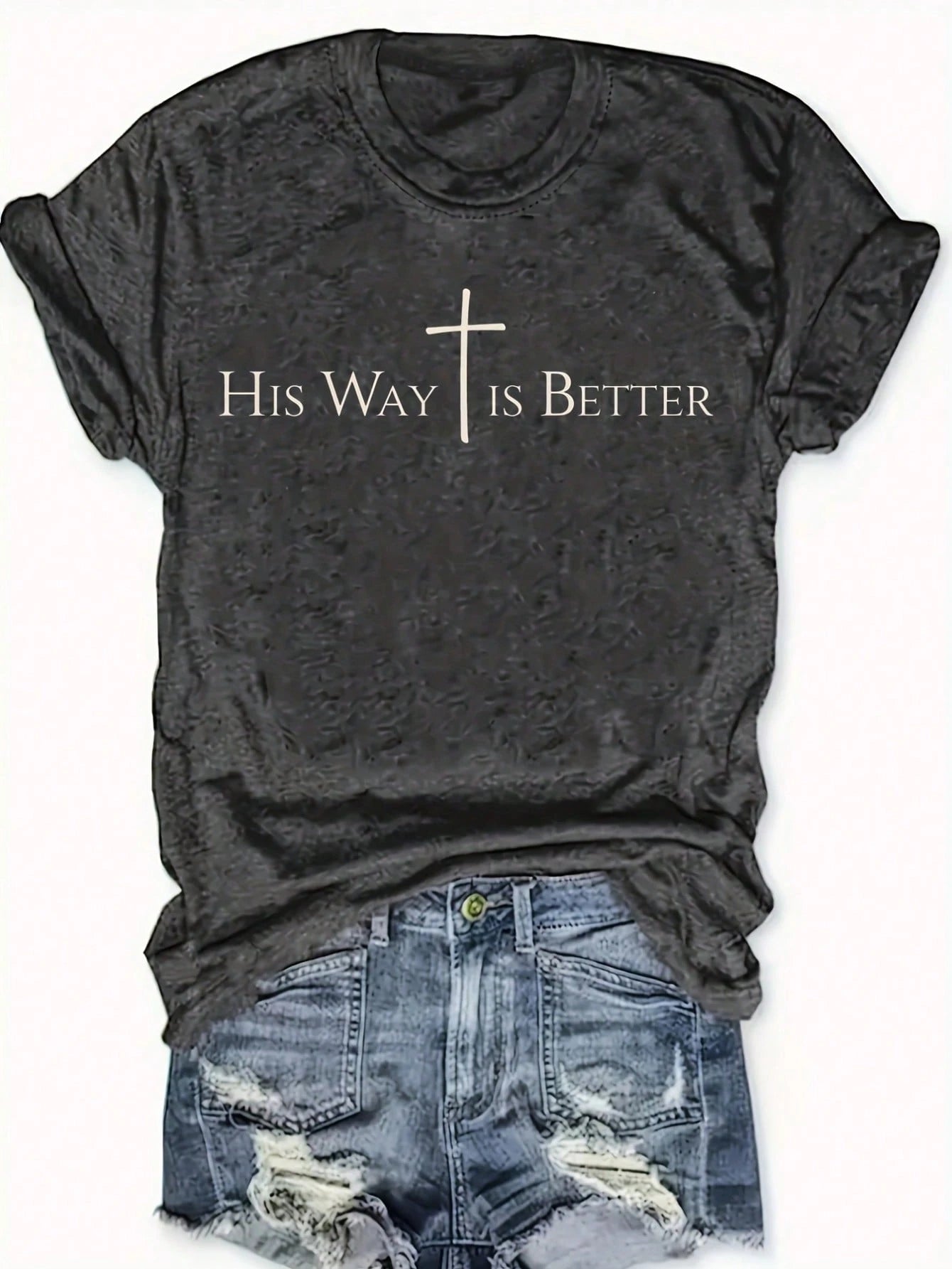 Women's Faith T-Shirt His Way Is Better Verse Tee With Cross Design Round Neck Short Sleeve Casual Church Wear Religious Apparel (Psalm 23 Inspired)