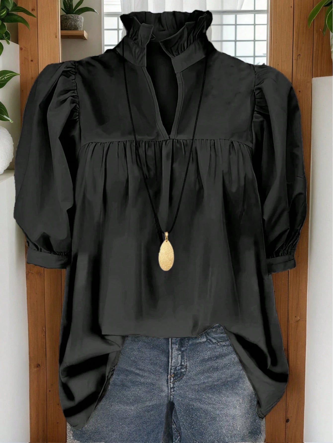 Women's Fashion Blouse, French Minimalist Retro 70s Puff Sleeve Top, Casual Office Teacher Daily Wear, Spring/Summer Black