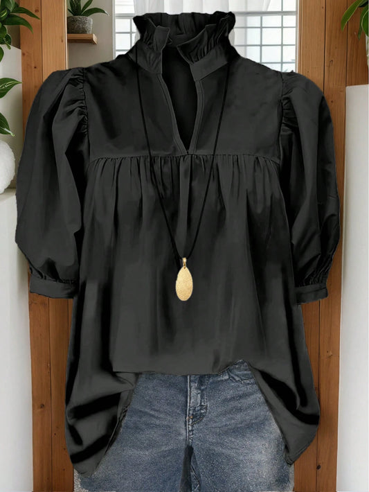 Women's Fashion Blouse, French Minimalist Retro 70s Puff Sleeve Top, Casual Office Teacher Daily Wear, Spring/Summer Black