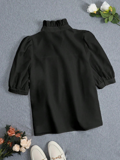 Women's Fashion Blouse, French Minimalist Retro 70s Puff Sleeve Top, Casual Office Teacher Daily Wear, Spring/Summer Black