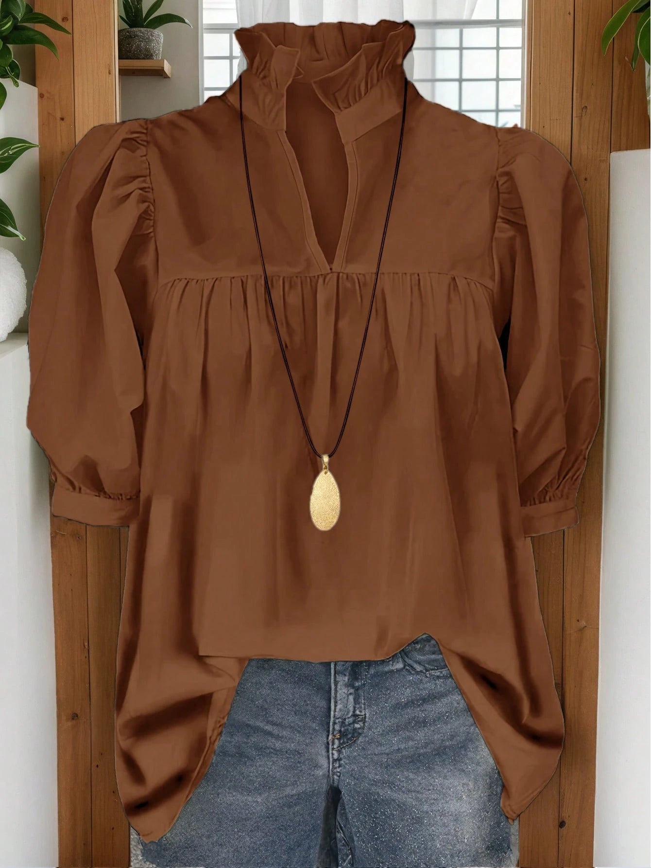 Women's Fashion Blouse, French Minimalist Retro 70s Puff Sleeve Top, Casual Office Teacher Daily Wear, Spring/Summer Black