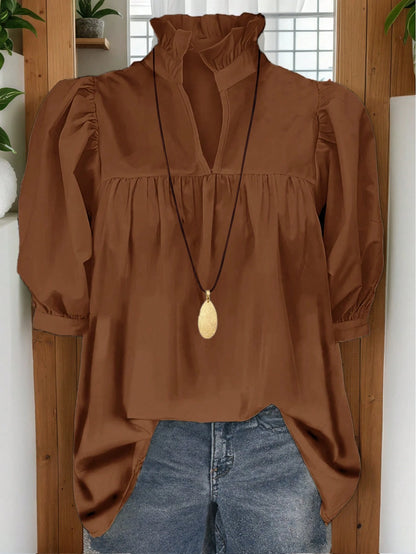 Women's Fashion Blouse, French Minimalist Retro 70s Puff Sleeve Top, Casual Office Teacher Daily Wear, Spring/Summer Black