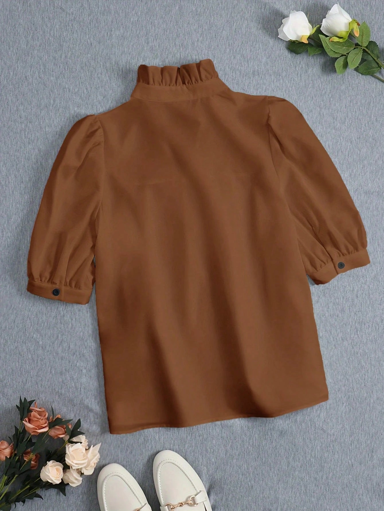Women's Fashion Blouse, French Minimalist Retro 70s Puff Sleeve Top, Casual Office Teacher Daily Wear, Spring/Summer Black