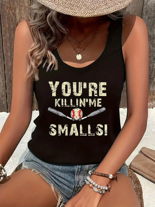 Women's Fashion Standard Size Black Tank Top "YOU'RE KILLIN' ME SMALLS!", Featuring A Cross Baseball Bat And Ball Print, Comfortable Casual Women's T