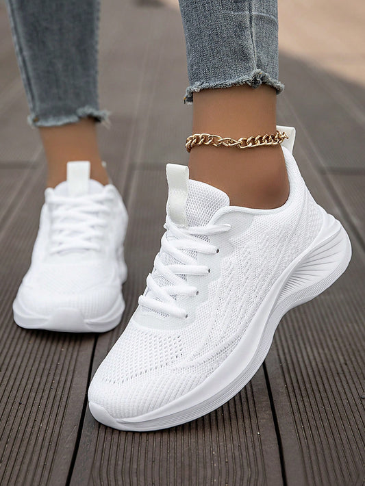 Women's Fashion White Sneakers Low Cut Breathable Athletic Shoes With Eva Foam Sole Comfort Casual Walking Shoes