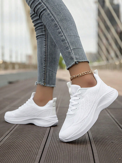 Women's Fashion White Sneakers Low Cut Breathable Athletic Shoes With Eva Foam Sole Comfort Casual Walking Shoes
