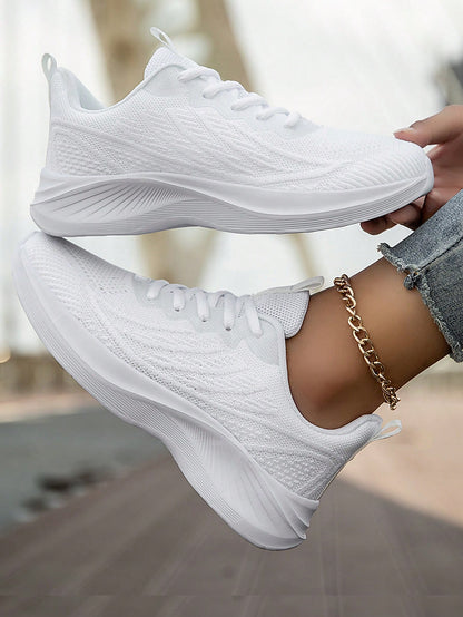Women's Fashion White Sneakers Low Cut Breathable Athletic Shoes With Eva Foam Sole Comfort Casual Walking Shoes