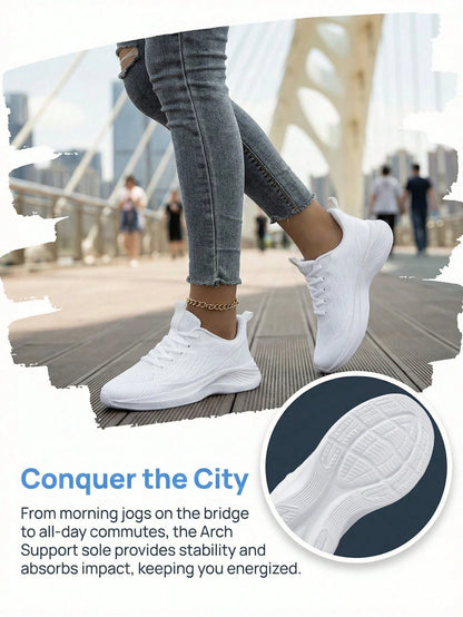 Women's Fashion White Sneakers Low Cut Breathable Athletic Shoes With Eva Foam Sole Comfort Casual Walking Shoes