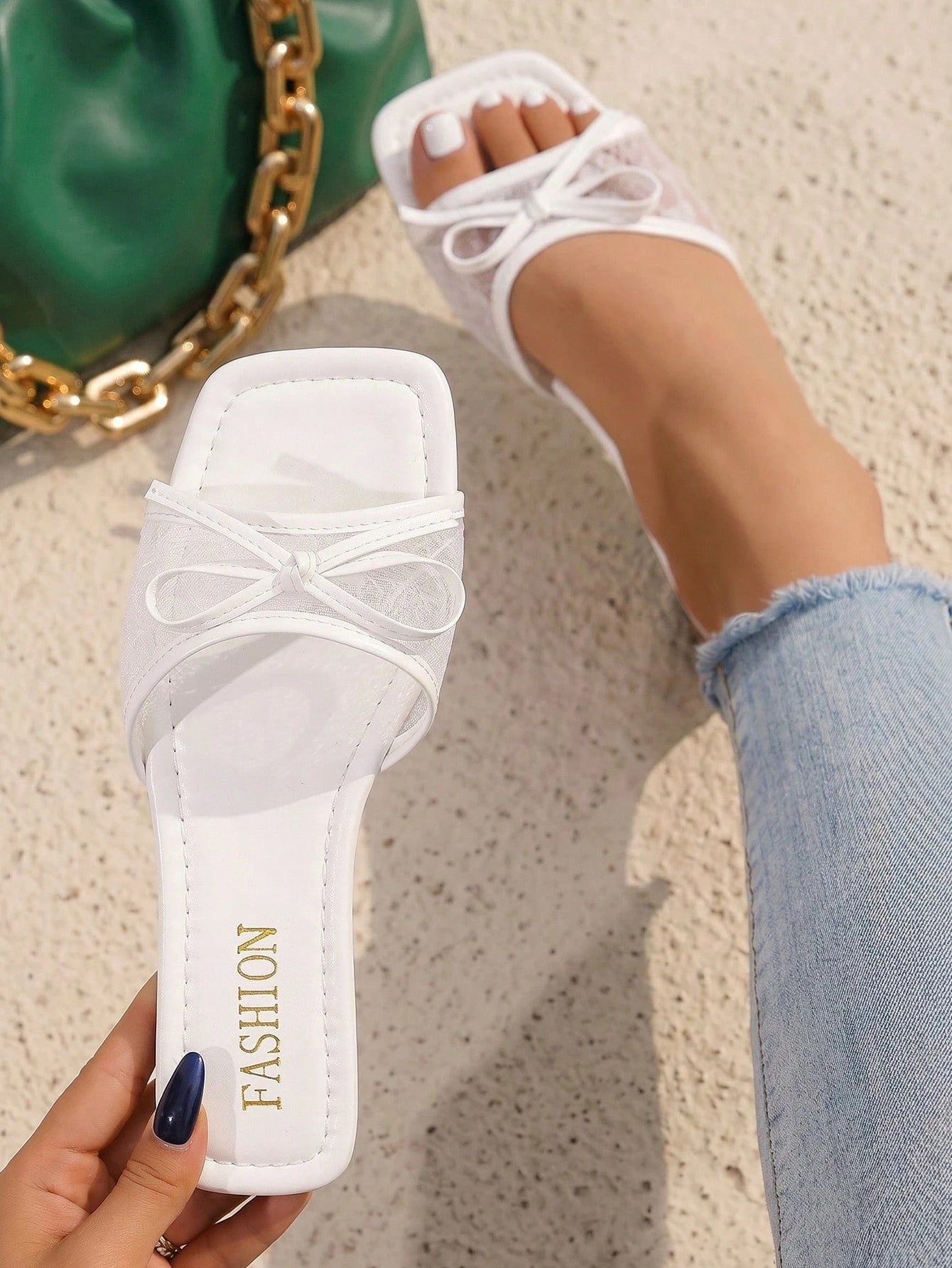 Women's Fashionable And Elegant Lace Mesh Bow Decor Slip-On Square Toe Flat White Summer Sandals,Beach Sandals
