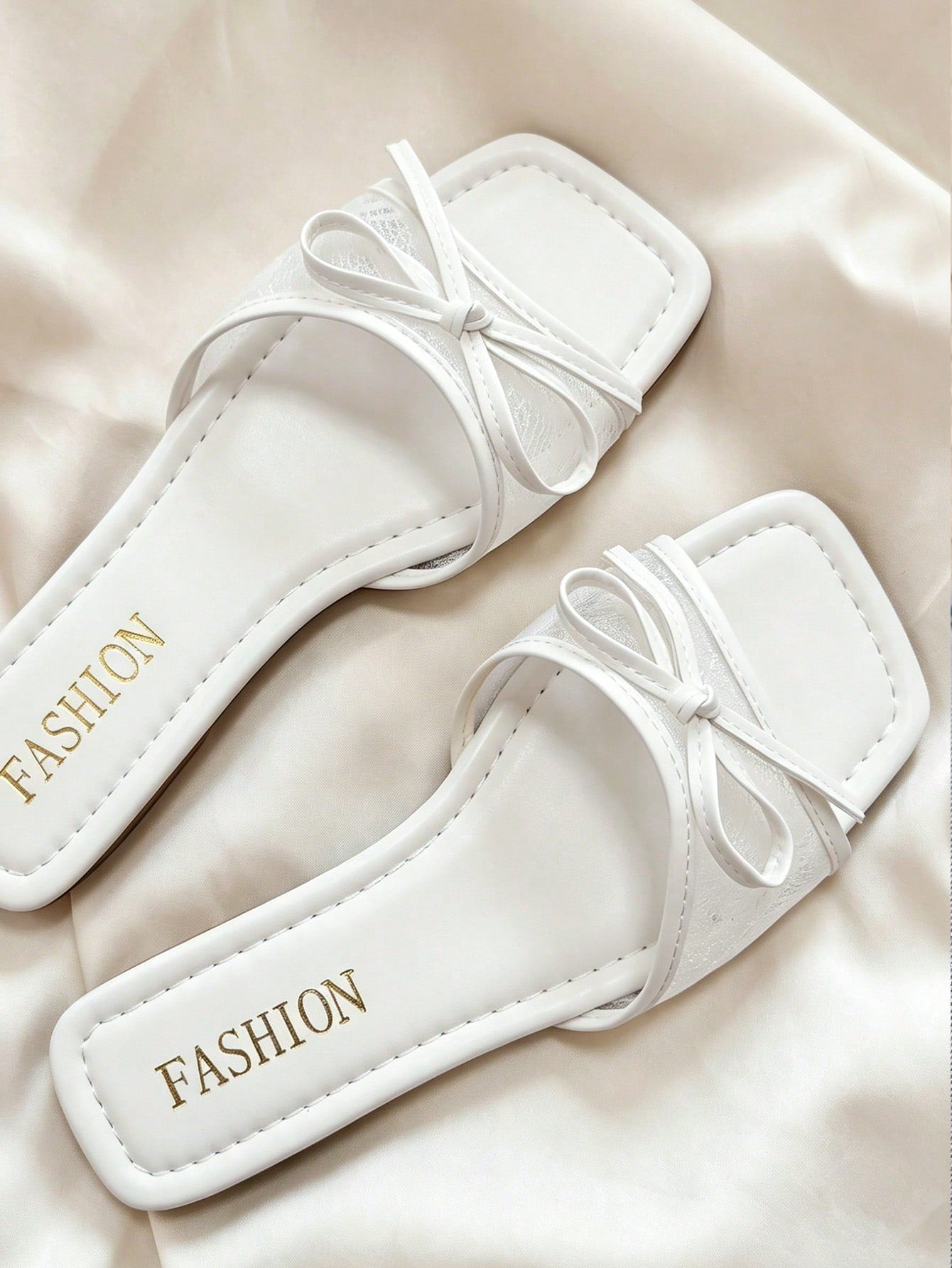 Women's Fashionable And Elegant Lace Mesh Bow Decor Slip-On Square Toe Flat White Summer Sandals,Beach Sandals
