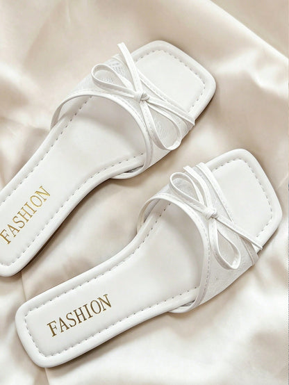 Women's Fashionable And Elegant Lace Mesh Bow Decor Slip-On Square Toe Flat White Summer Sandals,Beach Sandals