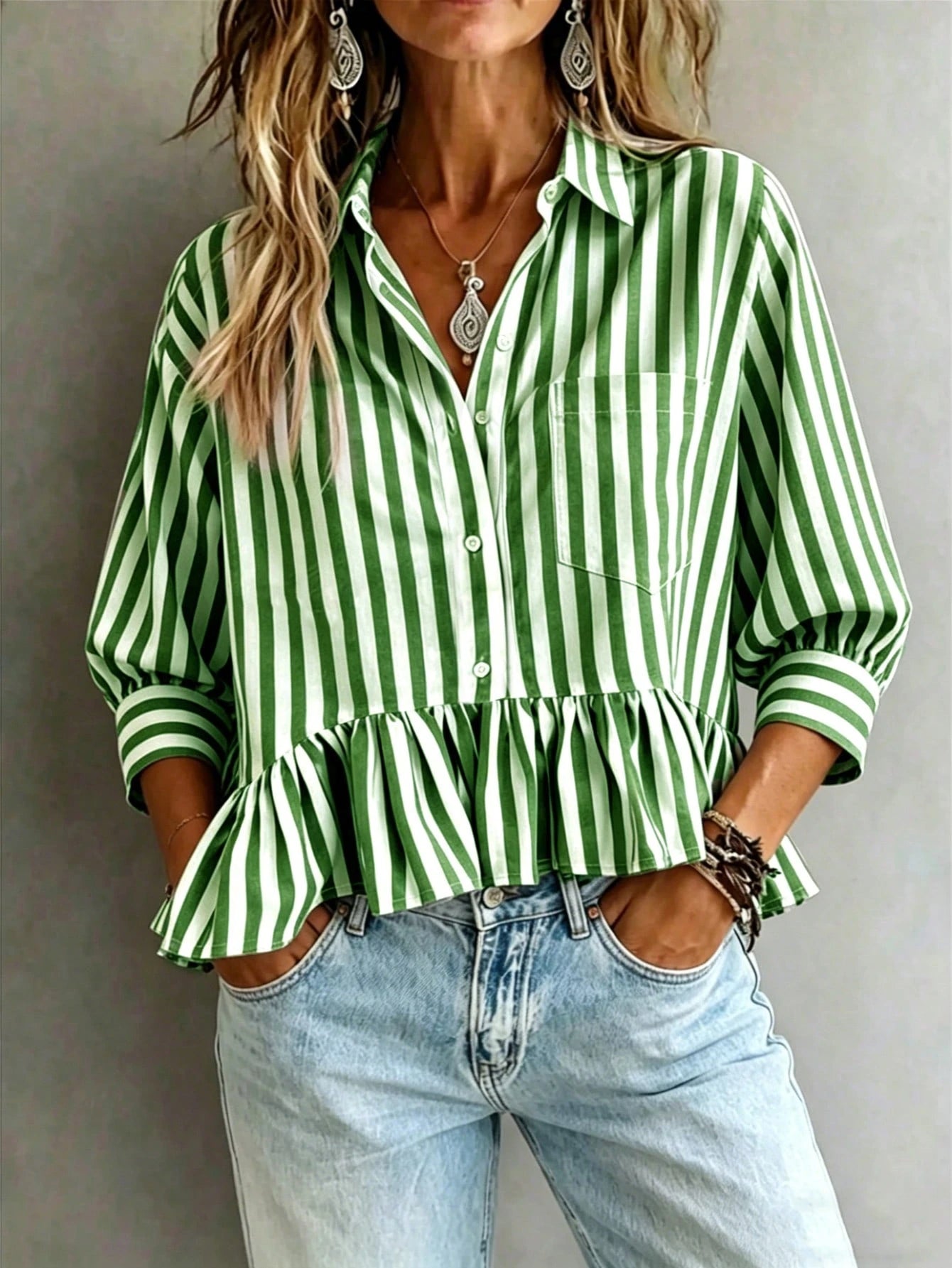 Women's Green & White Striped Ruffle Collar 3/4 Sleeve Button Up Casual Loose Blouse, Versatile For Work, Vacation, Daily Wear, Holiday & Date, Flattering