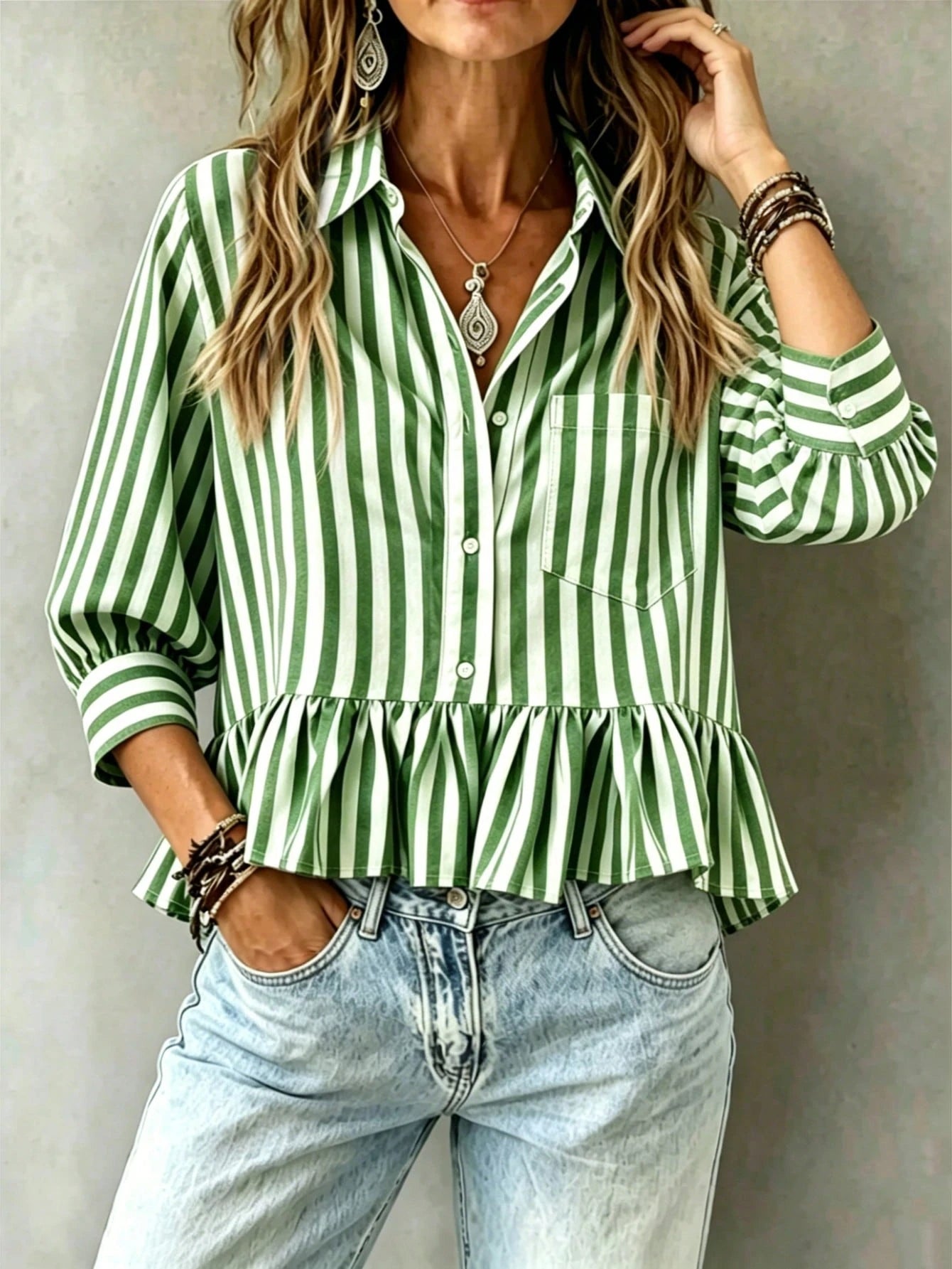 Women's Green & White Striped Ruffle Collar 3/4 Sleeve Button Up Casual Loose Blouse, Versatile For Work, Vacation, Daily Wear, Holiday & Date, Flattering