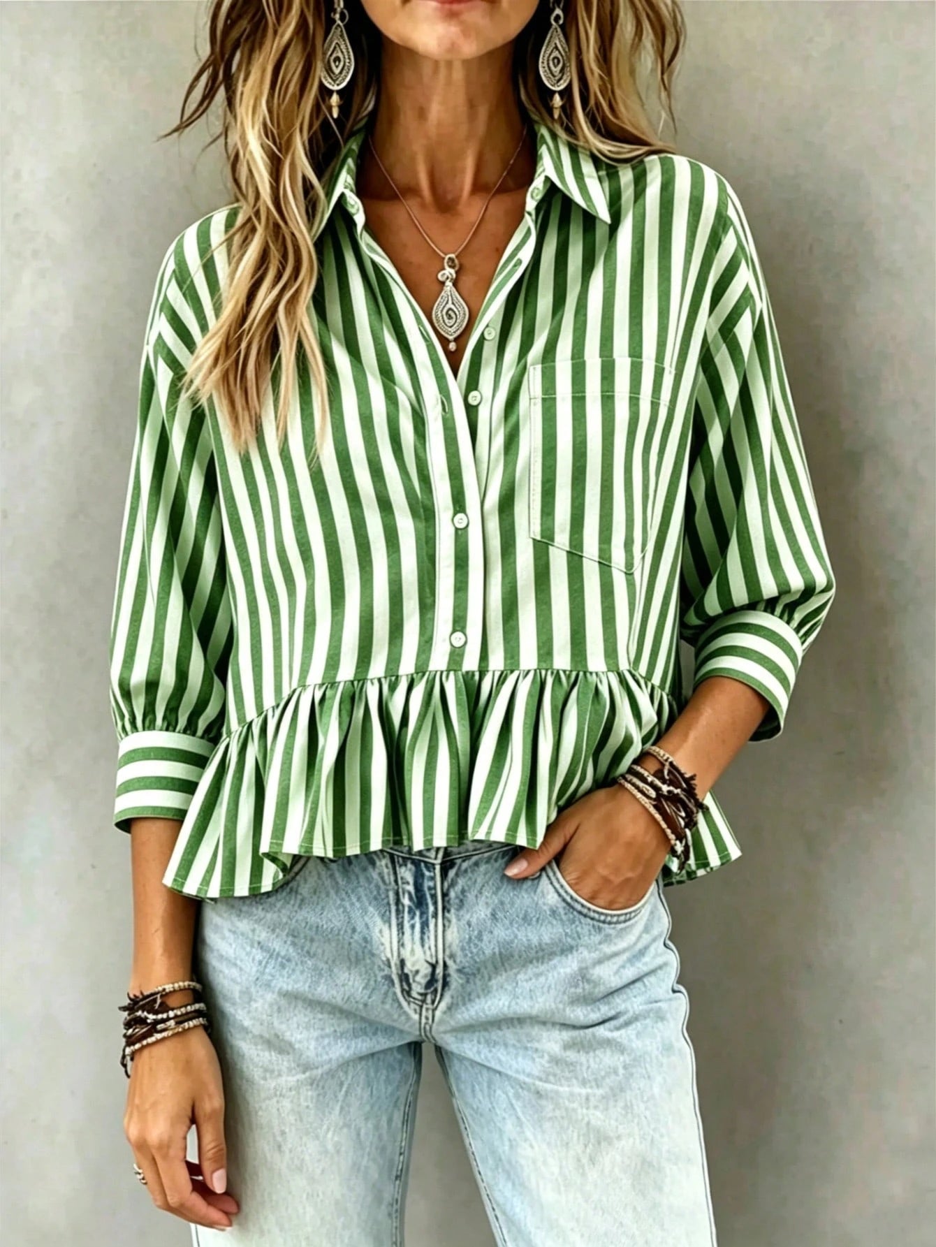 Women's Green & White Striped Ruffle Collar 3/4 Sleeve Button Up Casual Loose Blouse, Versatile For Work, Vacation, Daily Wear, Holiday & Date, Flattering