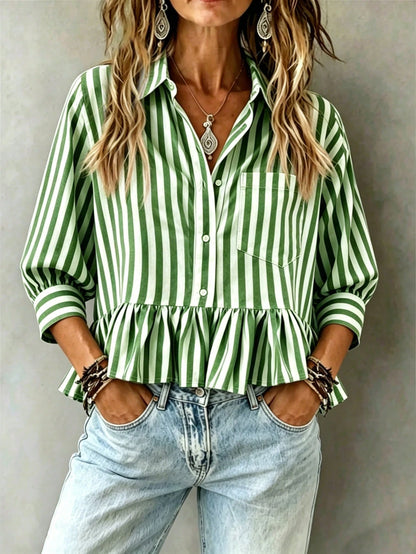 Women's Green & White Striped Ruffle Collar 3/4 Sleeve Button Up Casual Loose Blouse, Versatile For Work, Vacation, Daily Wear, Holiday & Date, Flattering