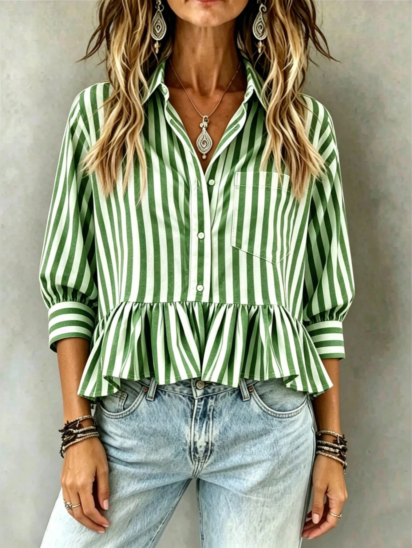 Women's Green & White Striped Ruffle Collar 3/4 Sleeve Button Up Casual Loose Blouse, Versatile For Work, Vacation, Daily Wear, Holiday & Date, Flattering
