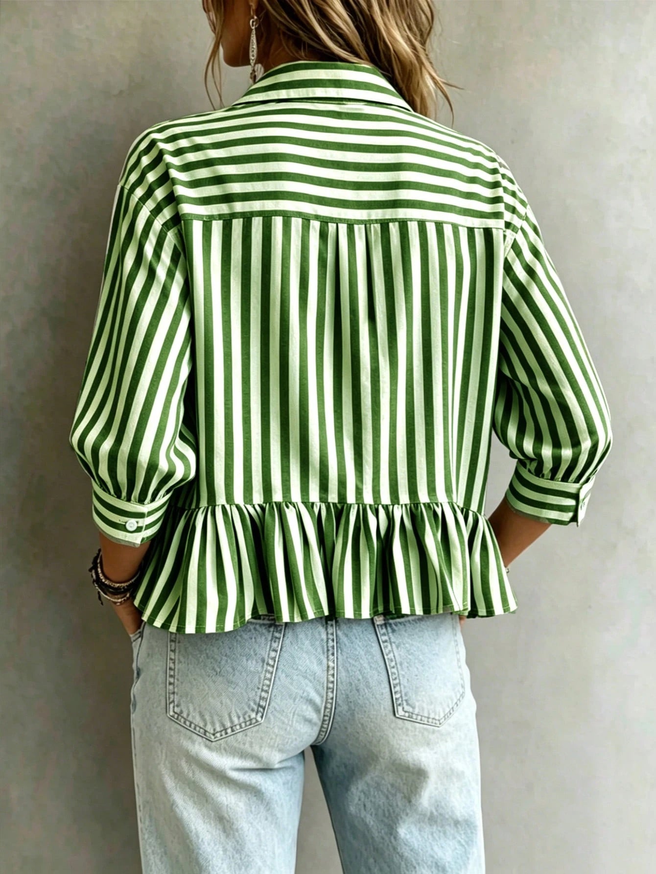 Women's Green & White Striped Ruffle Collar 3/4 Sleeve Button Up Casual Loose Blouse, Versatile For Work, Vacation, Daily Wear, Holiday & Date, Flattering