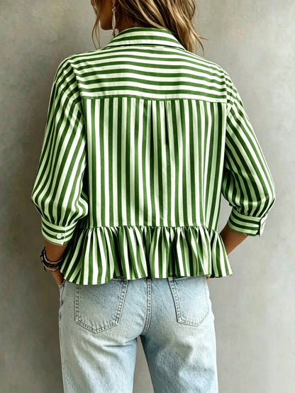 Women's Green & White Striped Ruffle Collar 3/4 Sleeve Button Up Casual Loose Blouse, Versatile For Work, Vacation, Daily Wear, Holiday & Date, Flattering