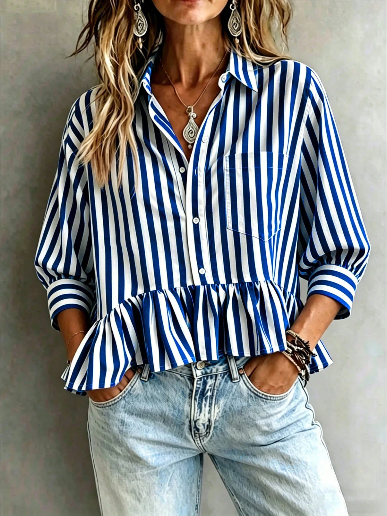 Women's Green & White Striped Ruffle Collar 3/4 Sleeve Button Up Casual Loose Blouse, Versatile For Work, Vacation, Daily Wear, Holiday & Date, Flattering