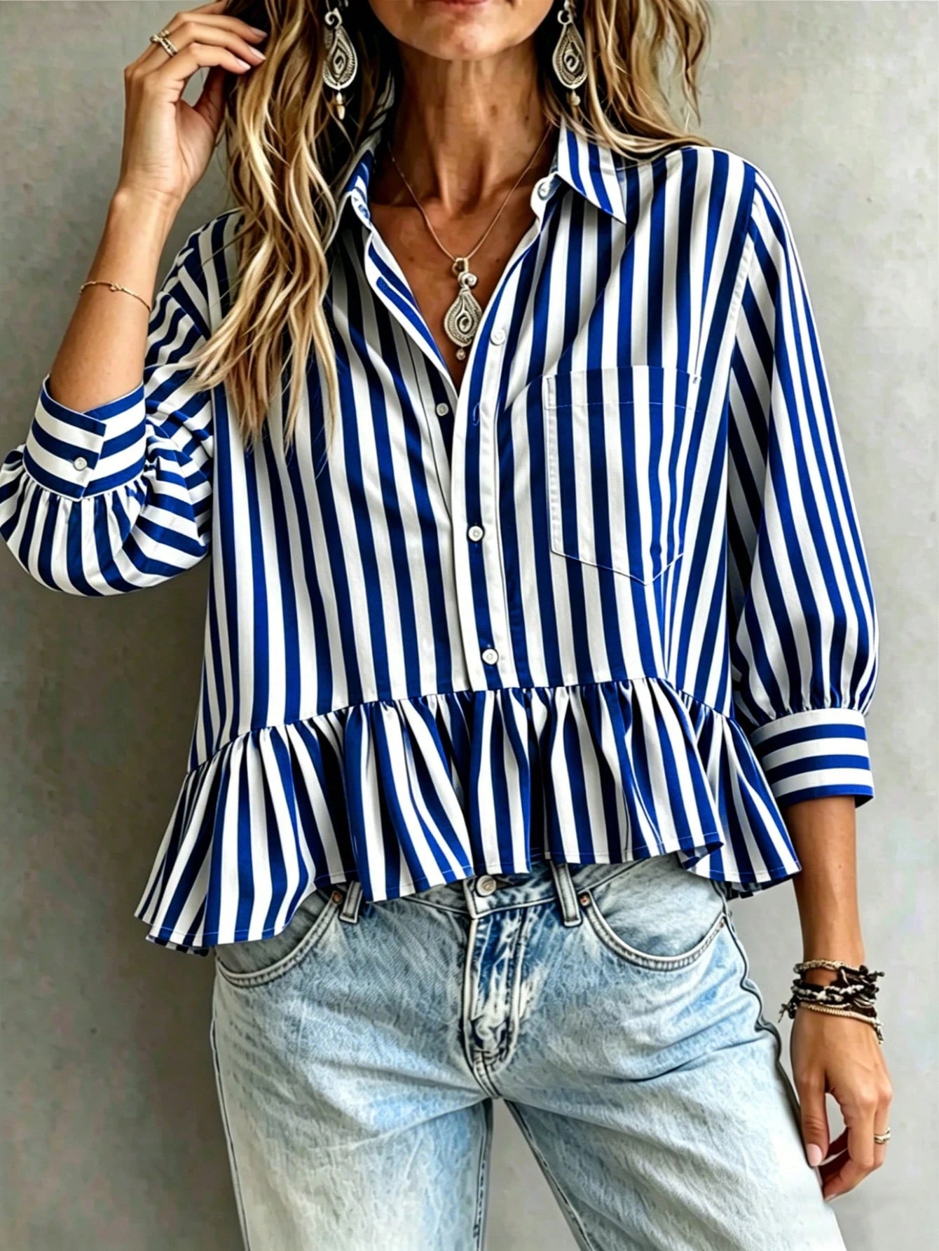 Women's Green & White Striped Ruffle Collar 3/4 Sleeve Button Up Casual Loose Blouse, Versatile For Work, Vacation, Daily Wear, Holiday & Date, Flattering