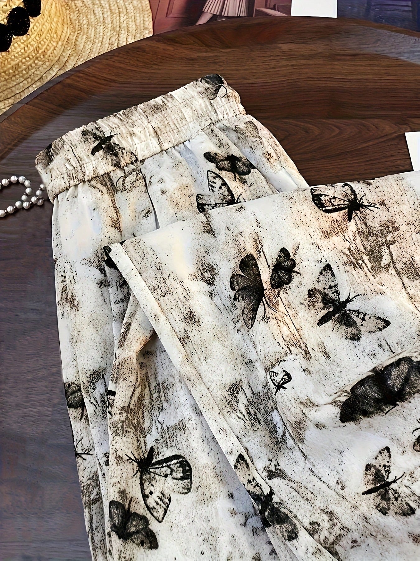 Women's High Waist Vintage Ink Butterfly Straight Leg Pants, Suitable For Casual Outings And Vacation Travel, Full Print Animal Pattern, Pockets, No Zipper