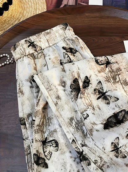 Women's High Waist Vintage Ink Butterfly Straight Leg Pants, Suitable For Casual Outings And Vacation Travel, Full Print Animal Pattern, Pockets, No Zipper
