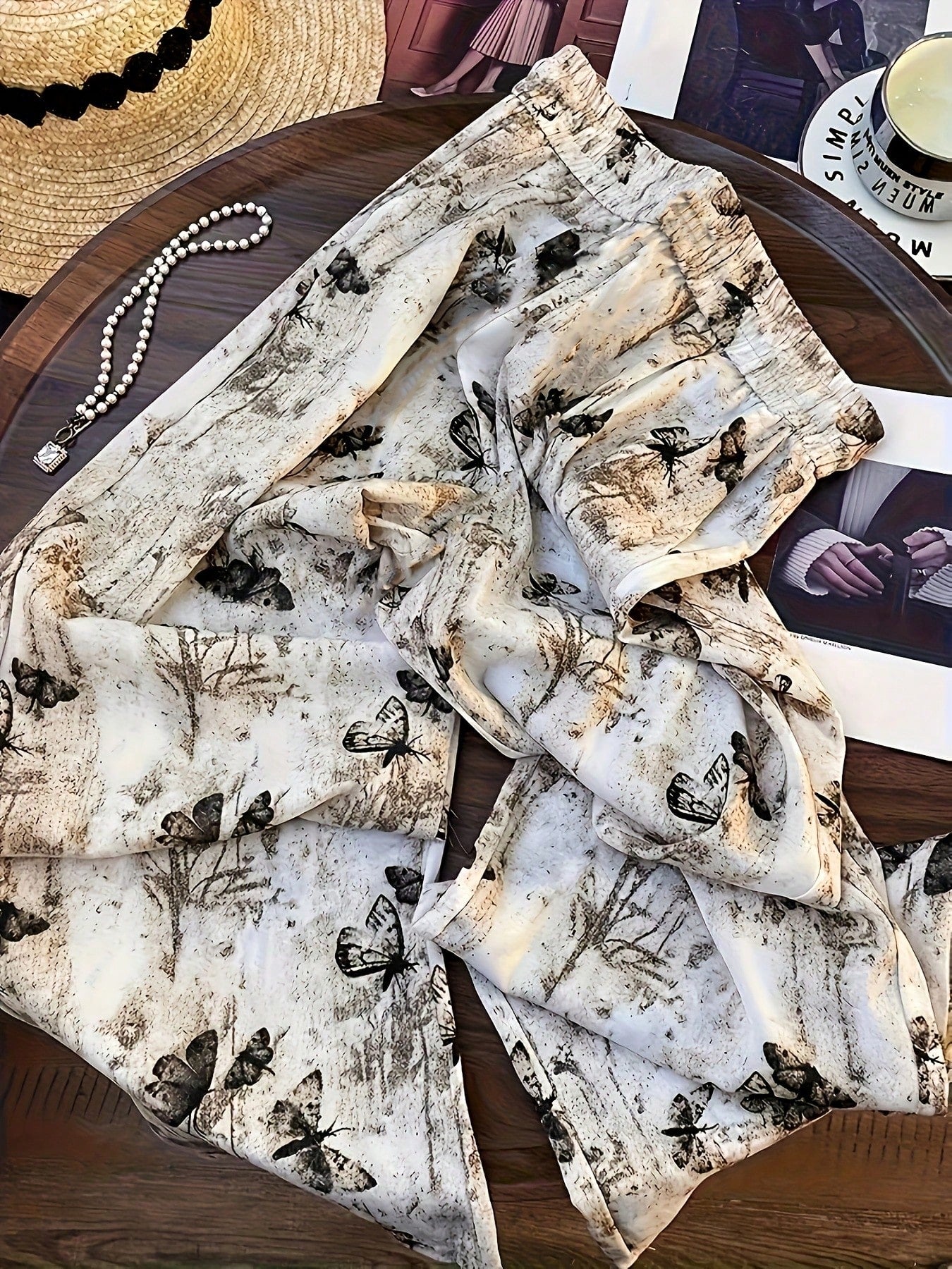 Women's High Waist Vintage Ink Butterfly Straight Leg Pants, Suitable For Casual Outings And Vacation Travel, Full Print Animal Pattern, Pockets, No Zipper