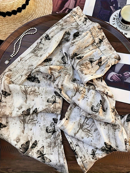 Women's High Waist Vintage Ink Butterfly Straight Leg Pants, Suitable For Casual Outings And Vacation Travel, Full Print Animal Pattern, Pockets, No Zipper