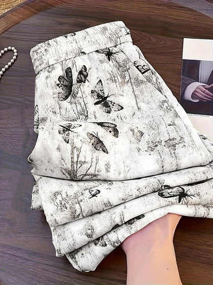Women's High Waist Vintage Ink Butterfly Straight Leg Pants, Suitable For Casual Outings And Vacation Travel, Full Print Animal Pattern, Pockets, No Zipper