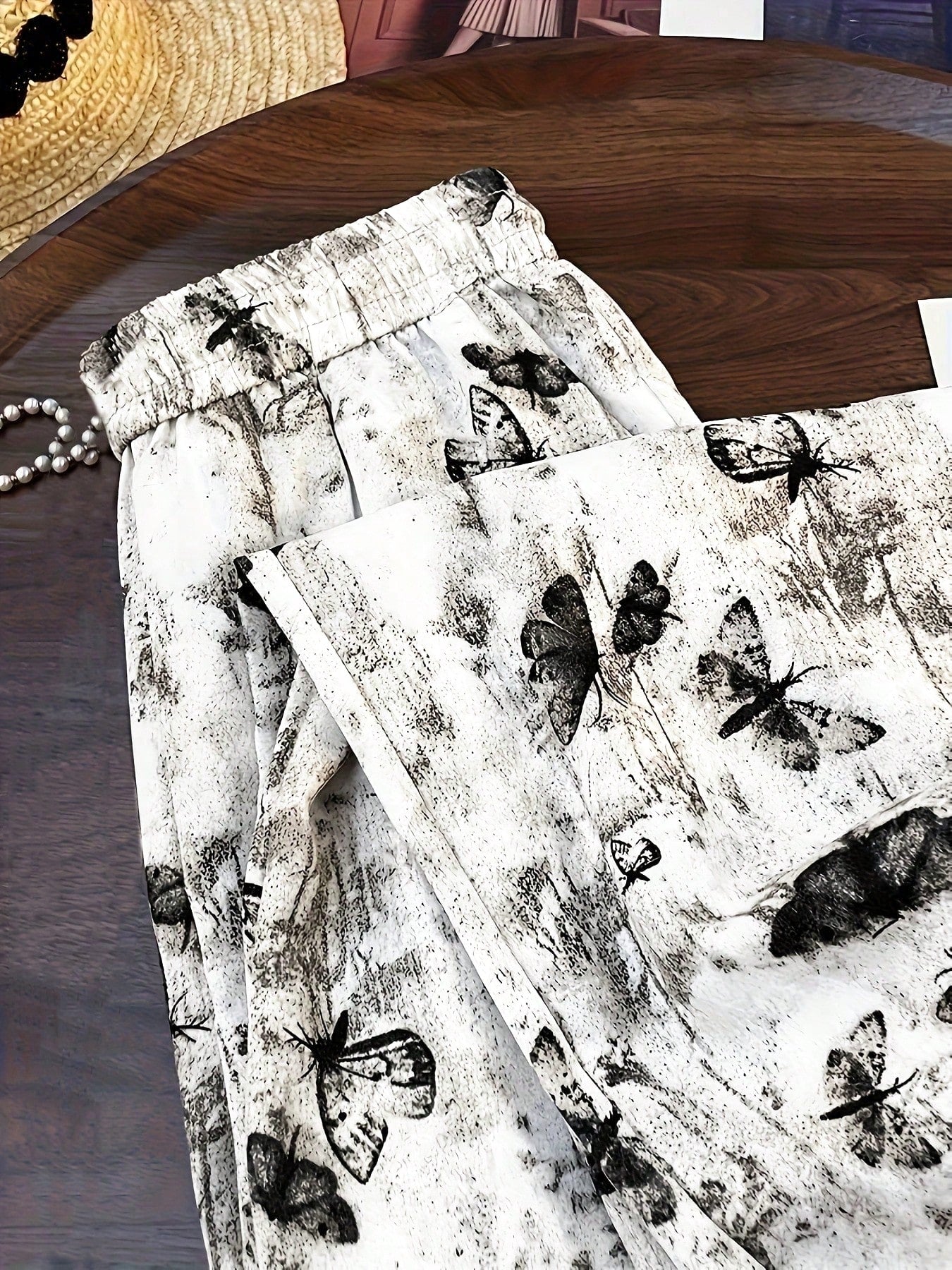 Women's High Waist Vintage Ink Butterfly Straight Leg Pants, Suitable For Casual Outings And Vacation Travel, Full Print Animal Pattern, Pockets, No Zipper