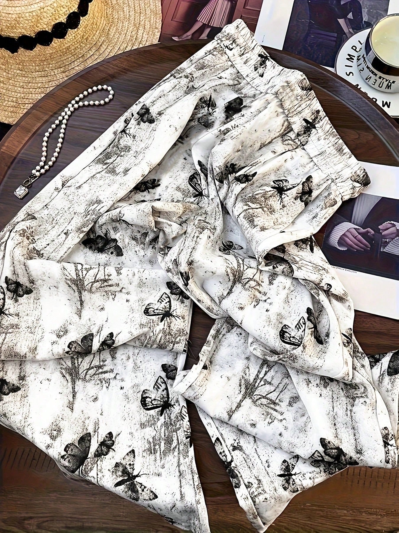 Women's High Waist Vintage Ink Butterfly Straight Leg Pants, Suitable For Casual Outings And Vacation Travel, Full Print Animal Pattern, Pockets, No Zipper