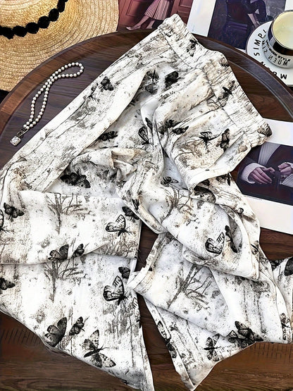 Women's High Waist Vintage Ink Butterfly Straight Leg Pants, Suitable For Casual Outings And Vacation Travel, Full Print Animal Pattern, Pockets, No Zipper