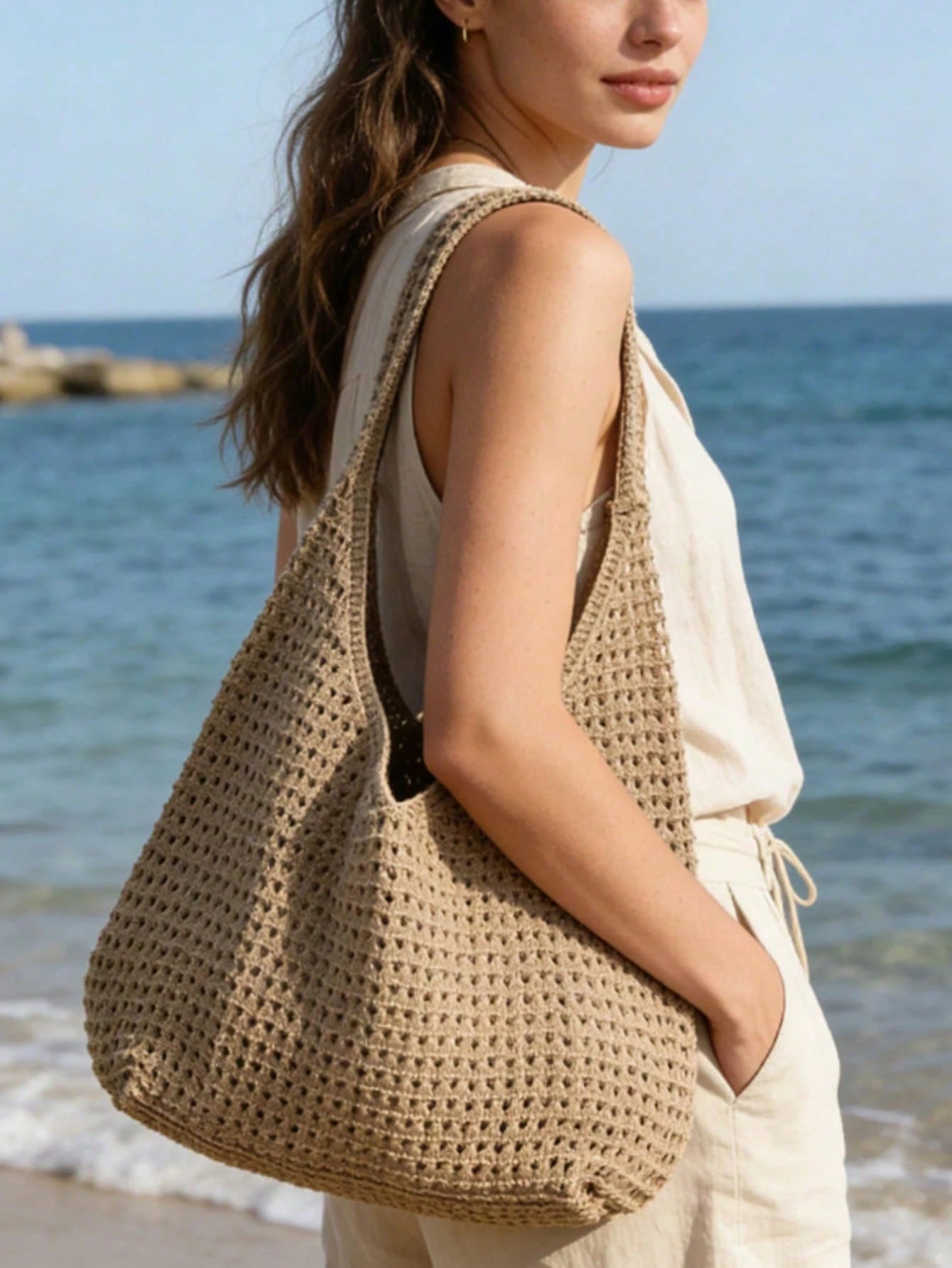 Women's Large Capacity Bohemian Style Knitted Shoulder Bag, Beach Vacation, Beach Bag, Casual Travel, Summer Travel, Shopping, Commuting, Daily Use