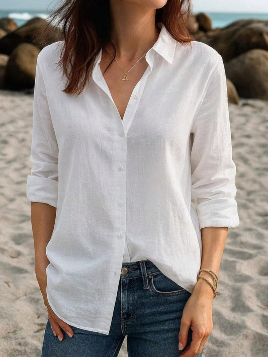 Women's Linen Shirts Casual Long Sleeve Blouse Button Down Beach Tops White Collared Loose Fit Tunics, Aesthetic