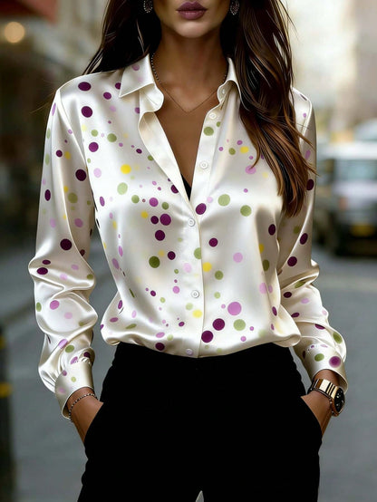 Women's Long Sleeve Button-Front Shirt With Colorful Polka Dot Pattern And Classic Collar Design White