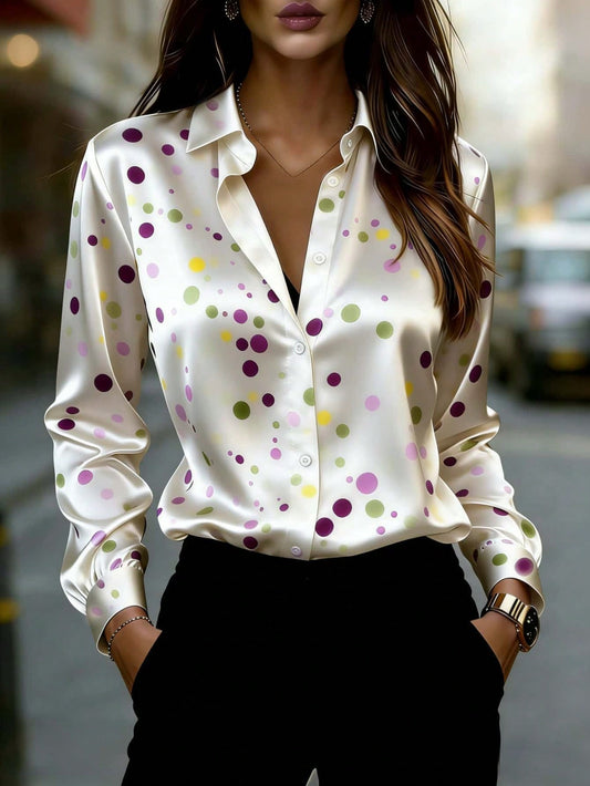 Women's Long Sleeve Button-Front Shirt With Colorful Polka Dot Pattern And Classic Collar Design White