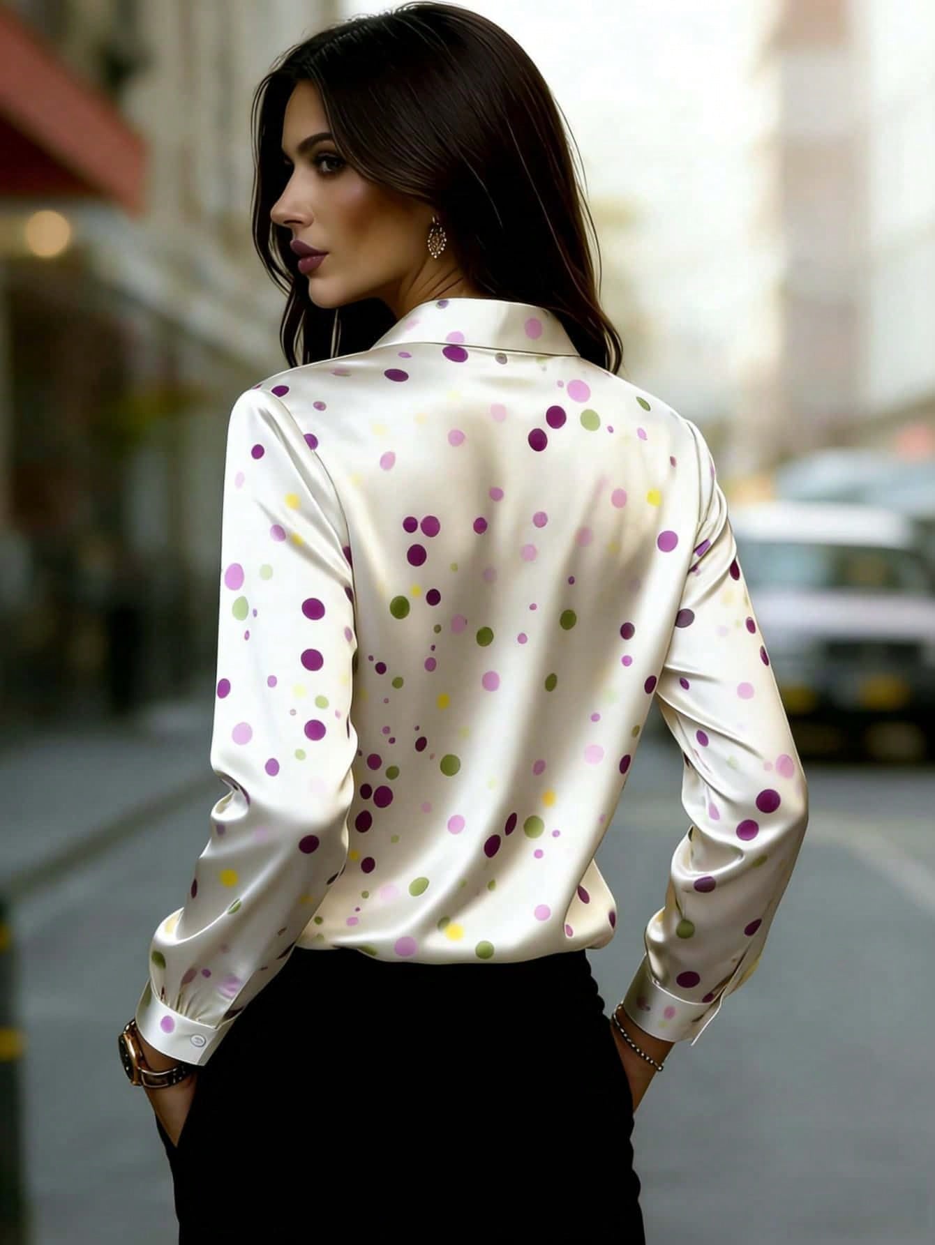 Women's Long Sleeve Button-Front Shirt With Colorful Polka Dot Pattern And Classic Collar Design White