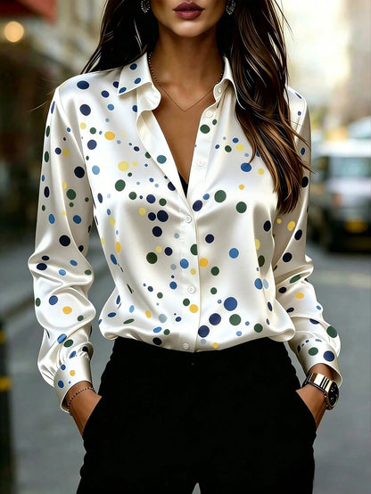 Women's Long Sleeve Button-Front Shirt With Colorful Polka Dot Pattern And Classic Collar Design White