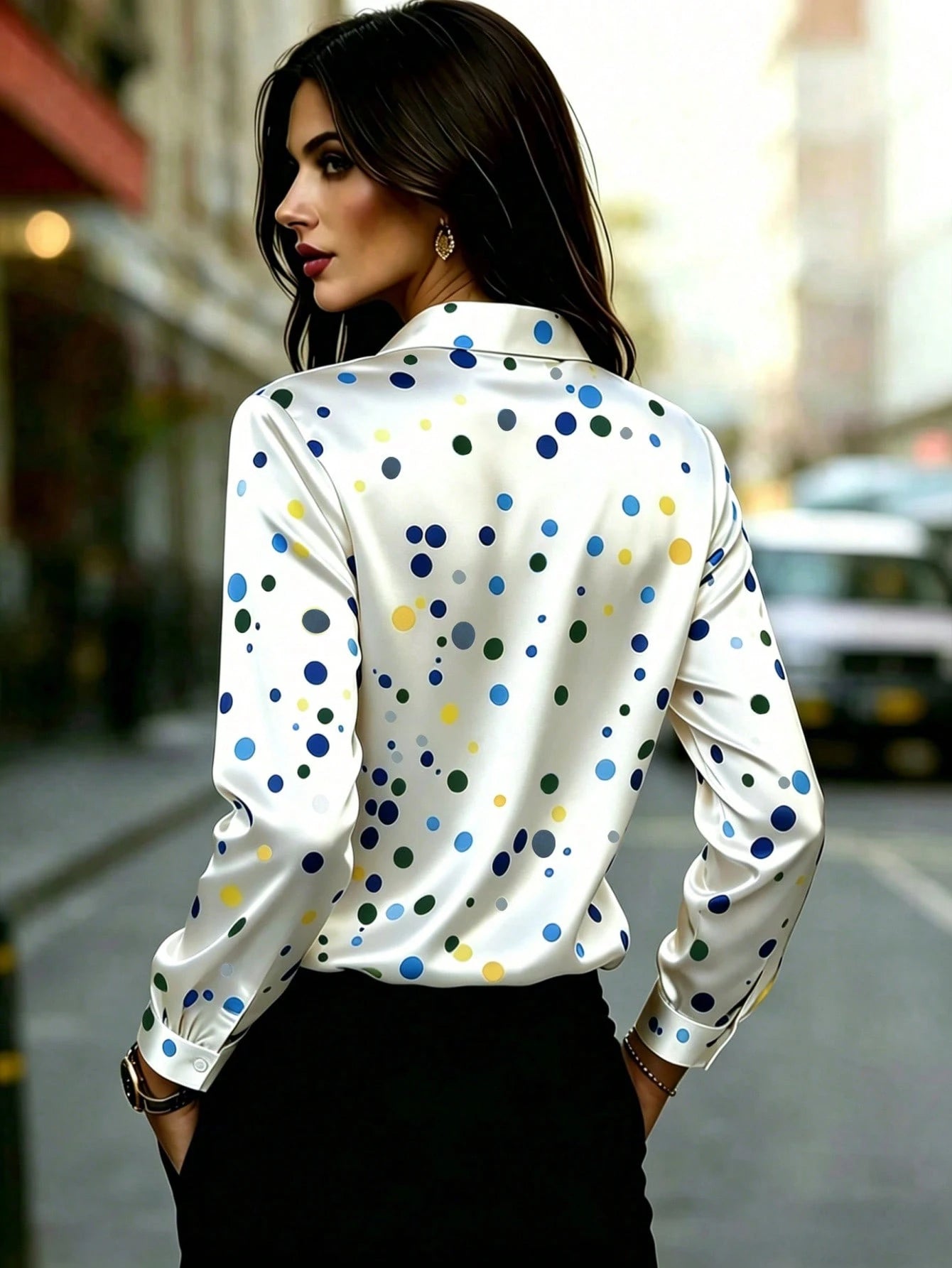 Women's Long Sleeve Button-Front Shirt With Colorful Polka Dot Pattern And Classic Collar Design White