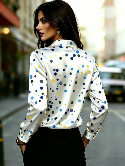 Women's Long Sleeve Button-Front Shirt With Colorful Polka Dot Pattern And Classic Collar Design White