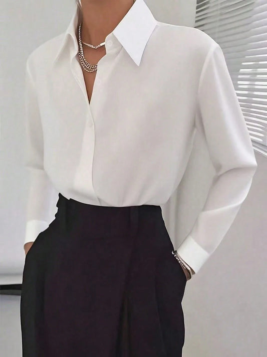 Women's Long Sleeve Casual Solid Color Button-Up Office Shirt White Spring