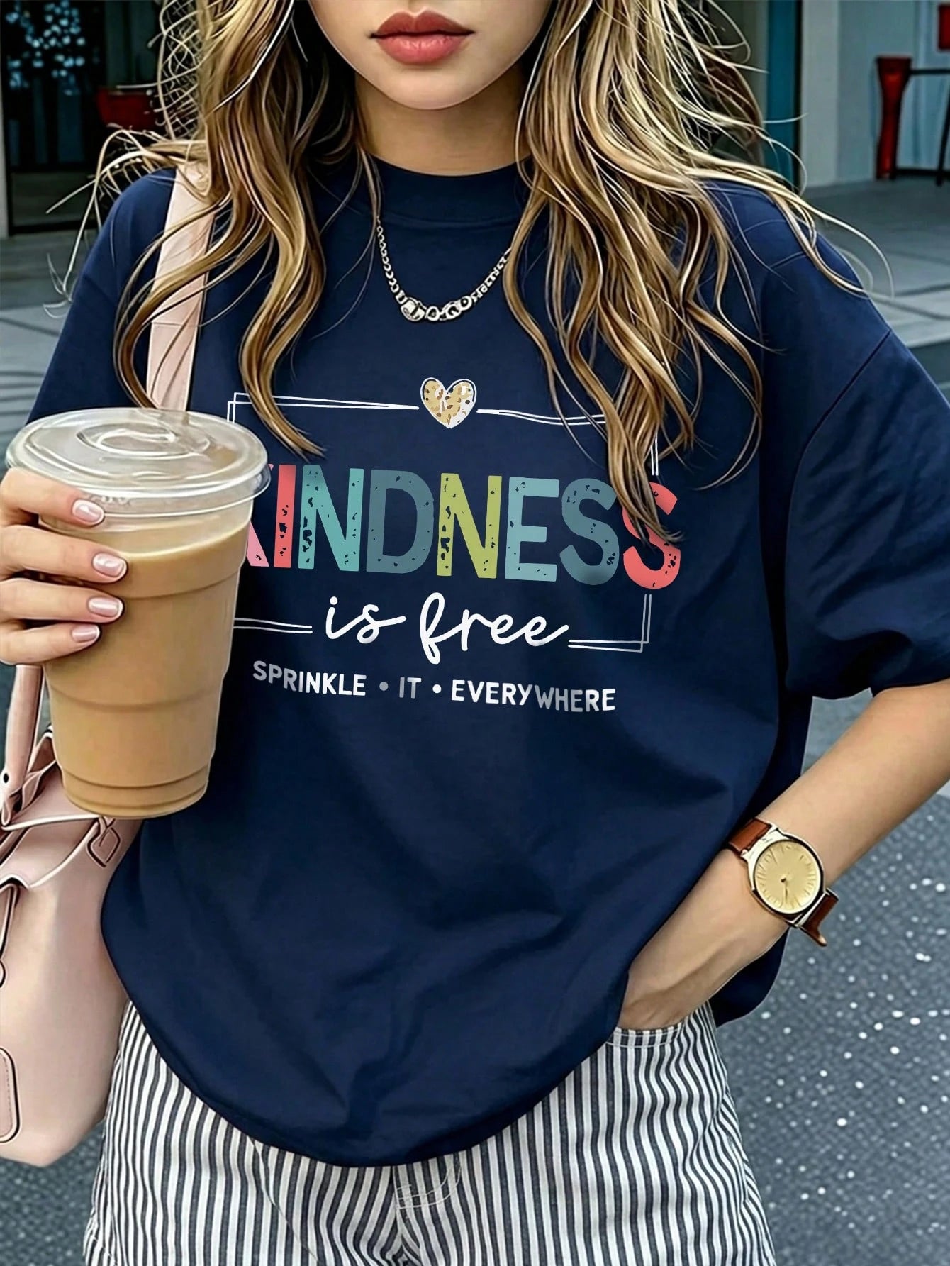 Women's Loose Casual Round Neck Inspirational Slogan Print T-Shirt, Daily Wear Summer, Plus Size Beach Clothes