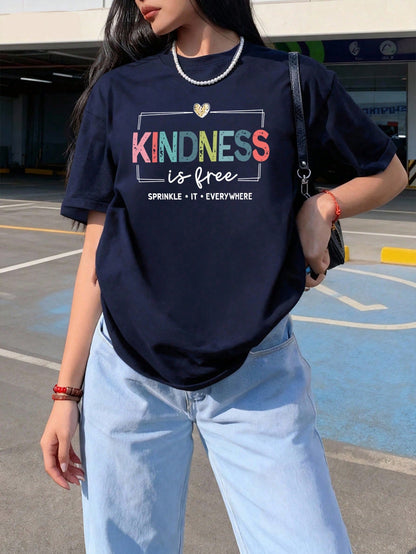 Women's Loose Casual Round Neck Inspirational Slogan Print T-Shirt, Daily Wear Summer, Plus Size Beach Clothes