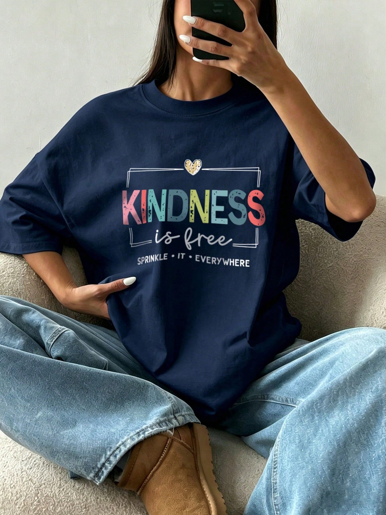 Women's Loose Casual Round Neck Inspirational Slogan Print T-Shirt, Daily Wear Summer, Plus Size Beach Clothes