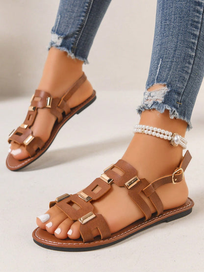 Women's Metal Block Decor Wide Fit Buckle Flat Sandals, Versatile Outdoor Beach Retro Breathable Flat Sandals