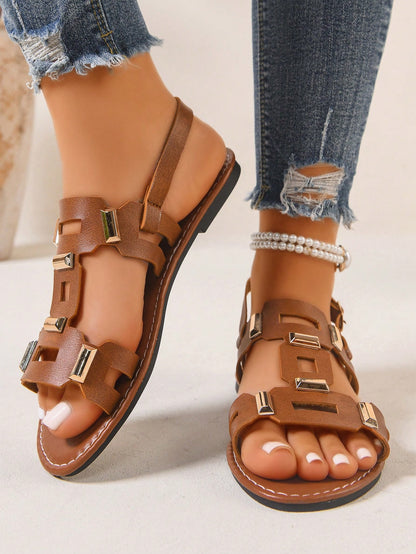 Women's Metal Block Decor Wide Fit Buckle Flat Sandals, Versatile Outdoor Beach Retro Breathable Flat Sandals